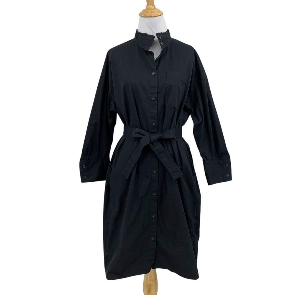 Atlantique Dress Womens L Large Black Ascoli Shirt Button Up Tie Waist Pockets